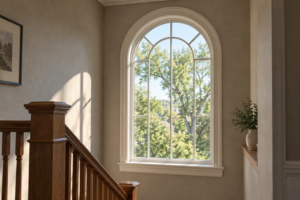 Tall white arched window above an oak stair handrail