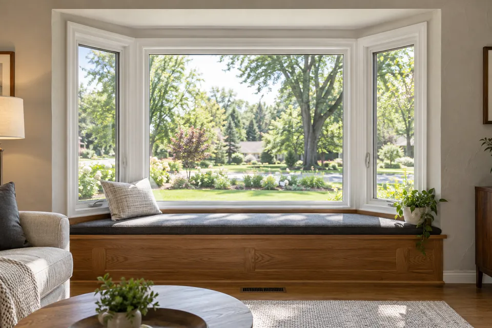 Three-unit bay window with a broad fixed center and two angled side windows