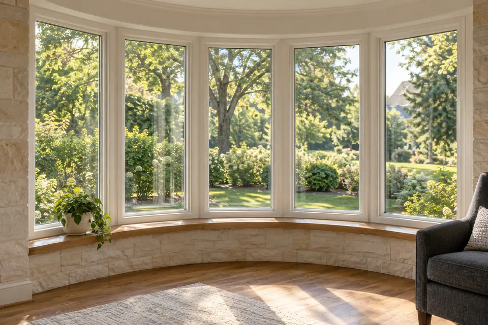 Five white window units forming a gently curved bow projection