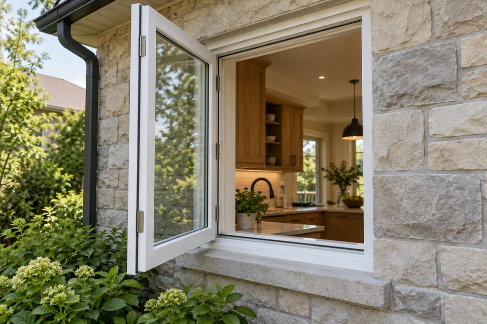 White side-hinged casement window swinging outward from a kitchen opening