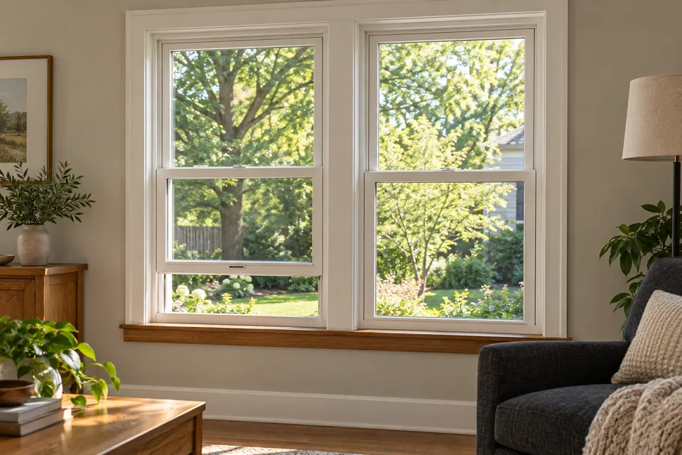 Pair of white double-hung windows with one lower sash raised