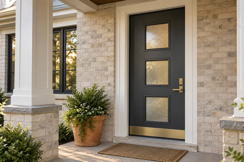 Charcoal entry door with three frosted glass lights and brass hardware