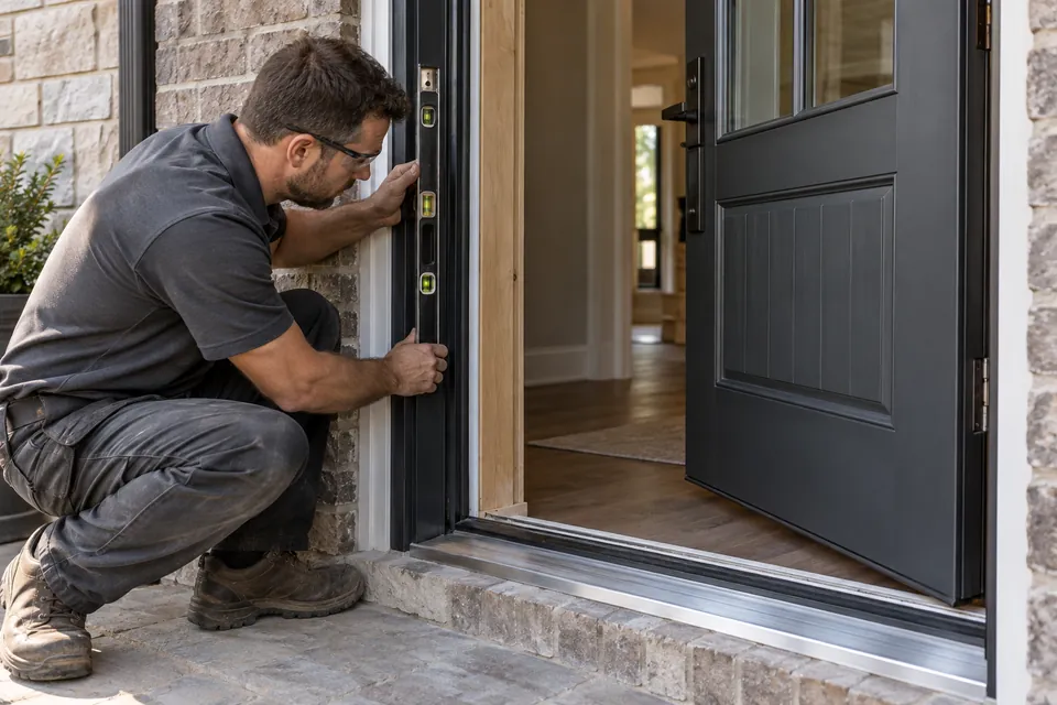 Installer checking the jamb beside an open charcoal entry door