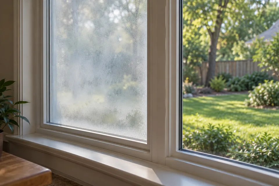 Cloudy glass in a white window beside a clear pane