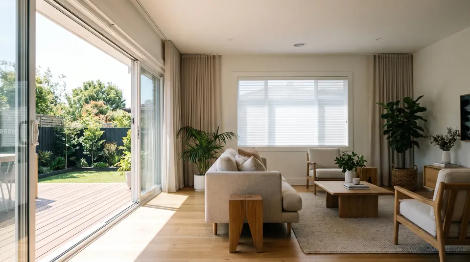 White sliding patio doors beside a furnished living room