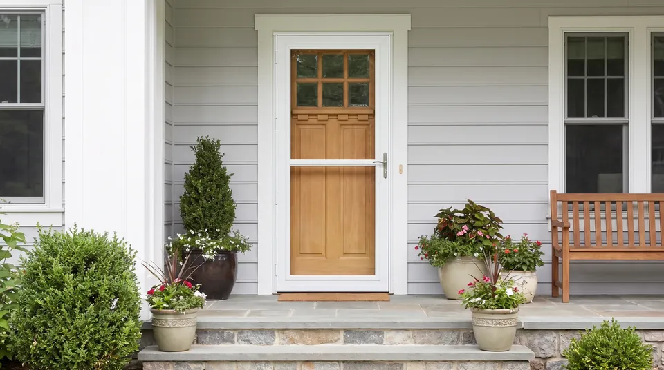 White storm door in front of a wood entry door