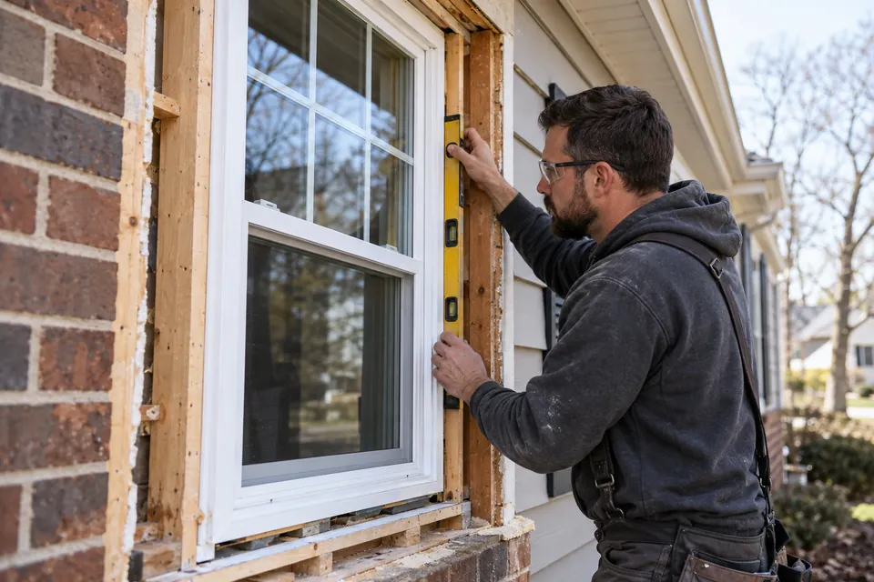 Installer checking a white window beside exposed wood framing