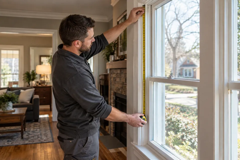 Specialist measuring the inside height of a white window opening