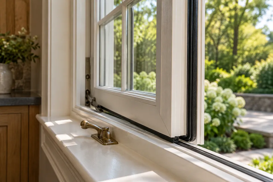 Rubber seal along the edge of an open white casement window